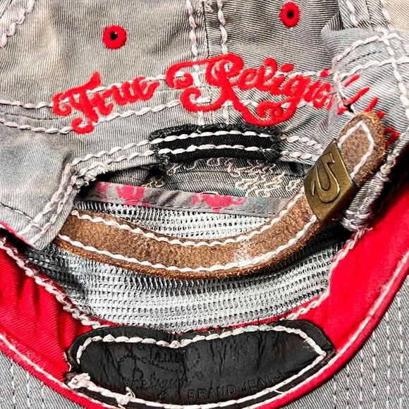 True Religion Distressed Hat Red Tibetan Buddha Guitar Embroidery Cap Strapback - Picture 16 of 16